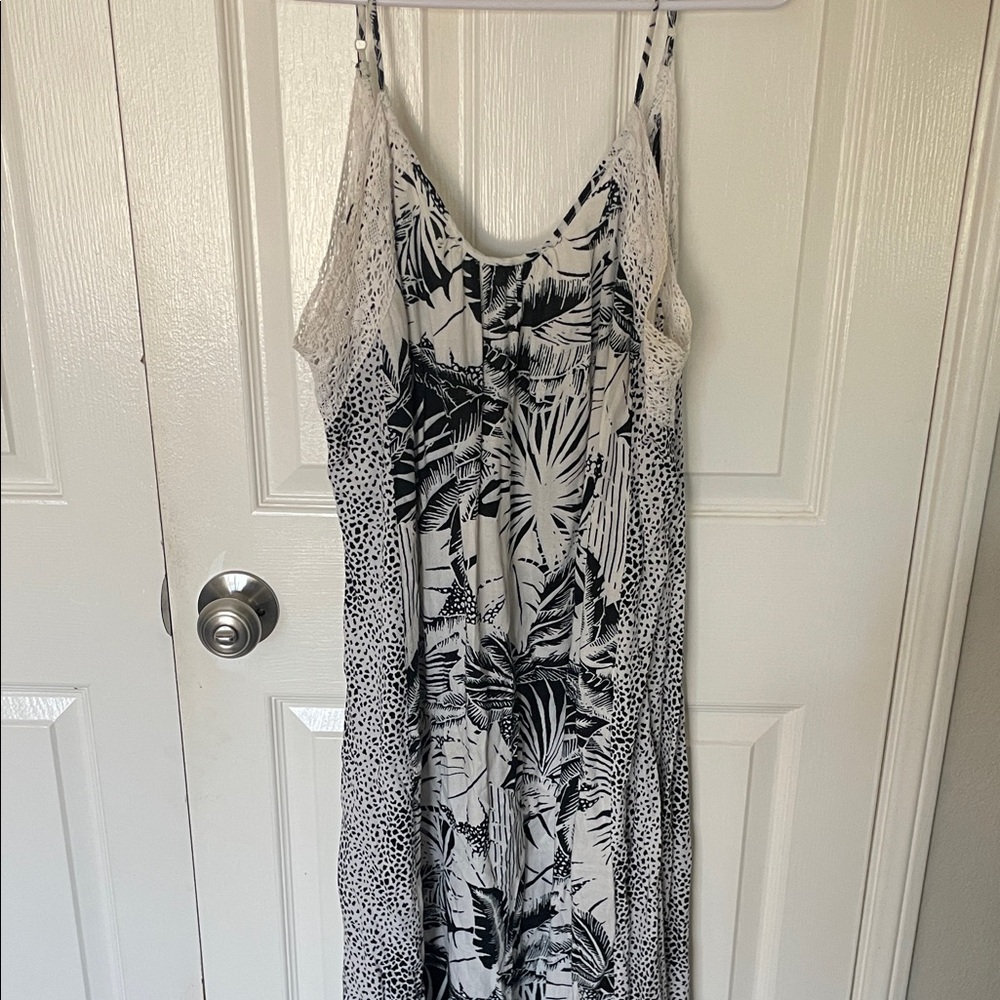 aerie Black and White Printed Lace-Trim Slip Dress